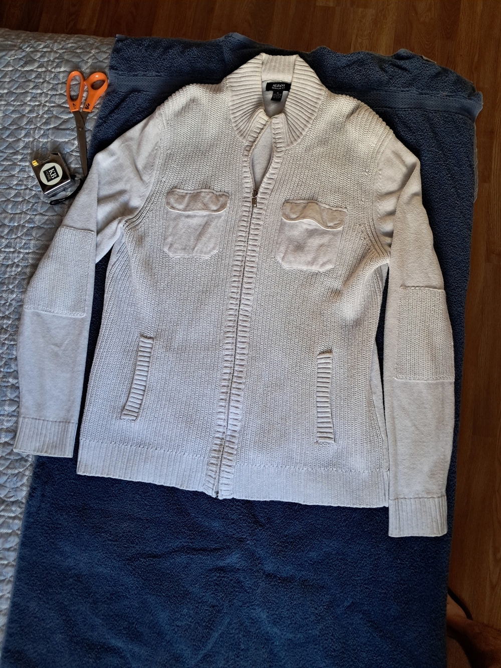Alfani Mens Full Zip Sweater Medium M White 100% Cotton Mock Neck Cargo Pocket